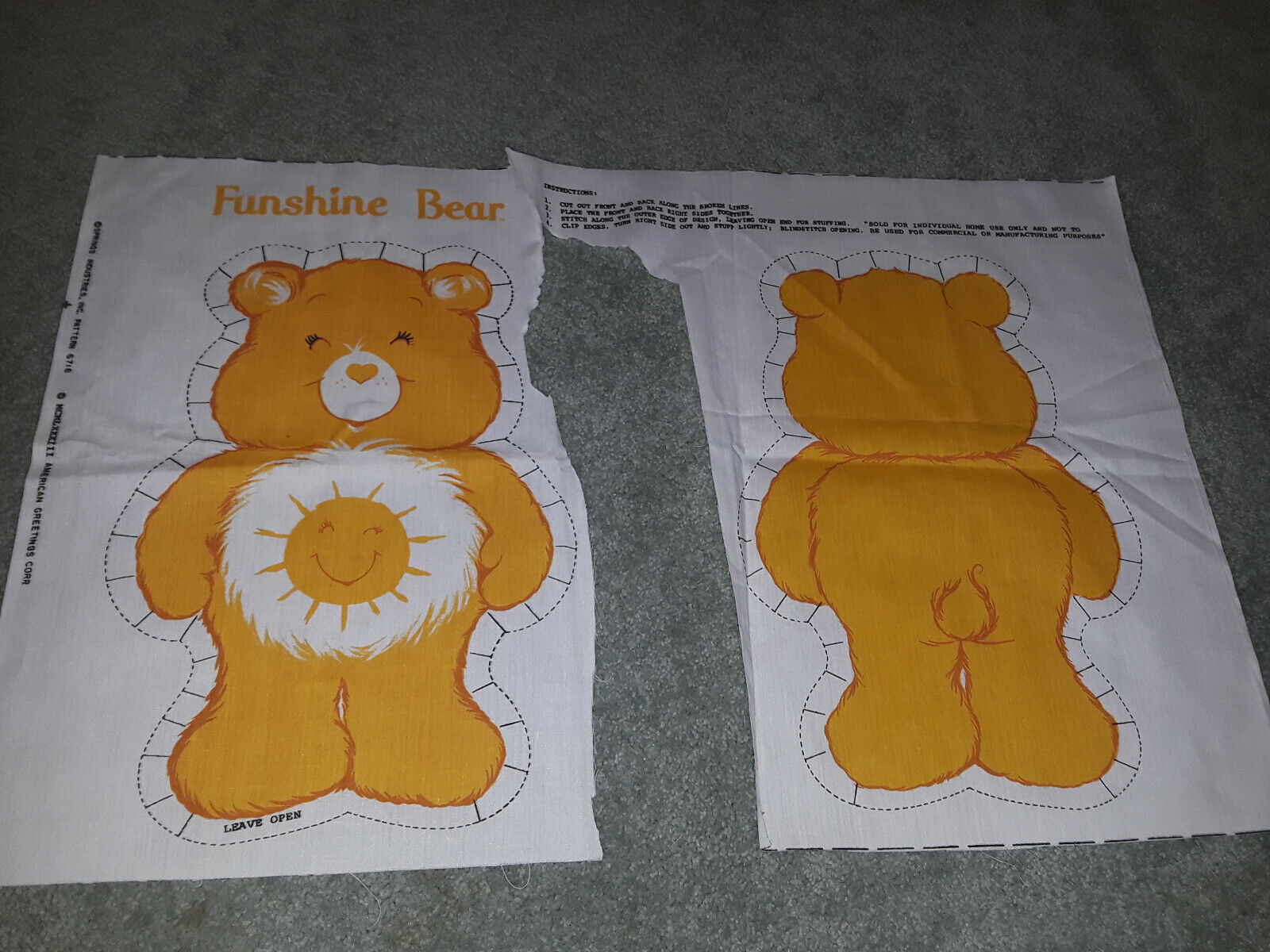 RARE CARE BEARS "FUNSHINE BEAR" PILLOW FABRIC PANEL Springs 1983