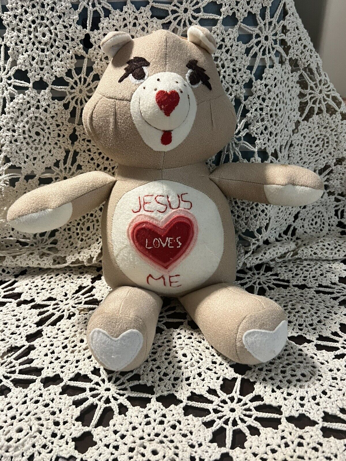 Vtg Care Bear Plush Tan Jesus Loves Me Handmade Homemade Stuffy 17"