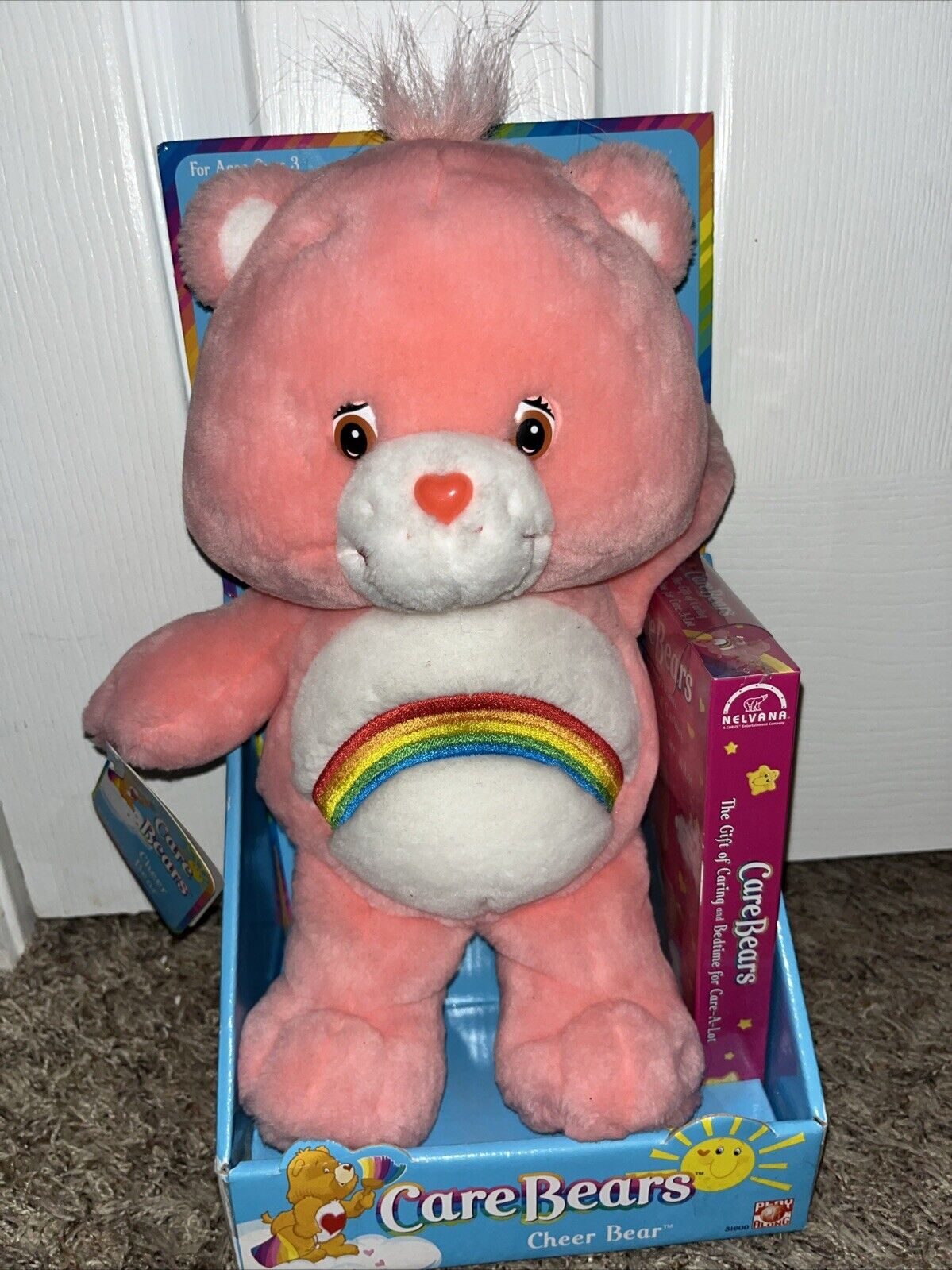 Care Bears 2002 CHEER BEAR Plush Rainbow Pink With Sealed VHS Play Along NEW VNT