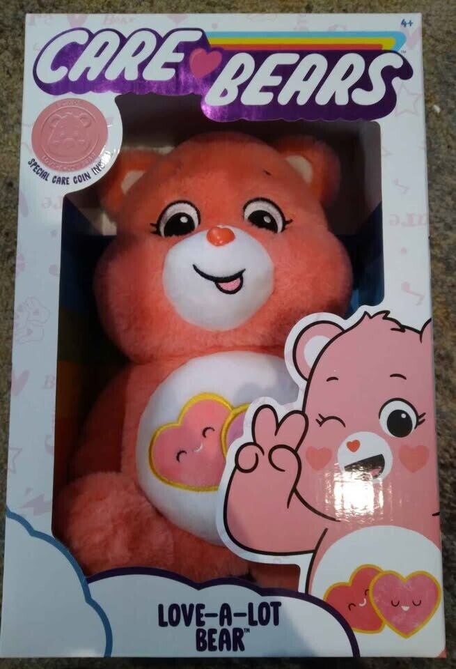 NEW! CARE BEARS 14" TALL PLUSH LOVE-A-LOT BEAR W/ SPECIAL COIN SOFT & HUGGABLE
