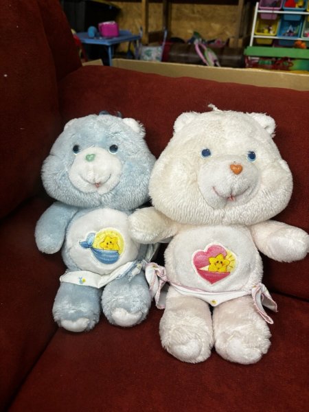 2 Vintage Care Bear Baby Tugs Plush 1983 with Diaper Pink & Blue 11"