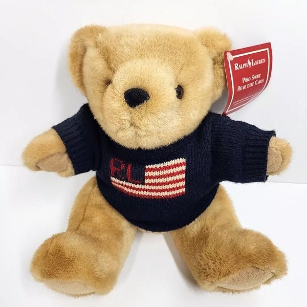 Vtg Ralph Lauren Polo Sport Bear That Cares Plush 1996 Blue RL Flag Sweater Tag