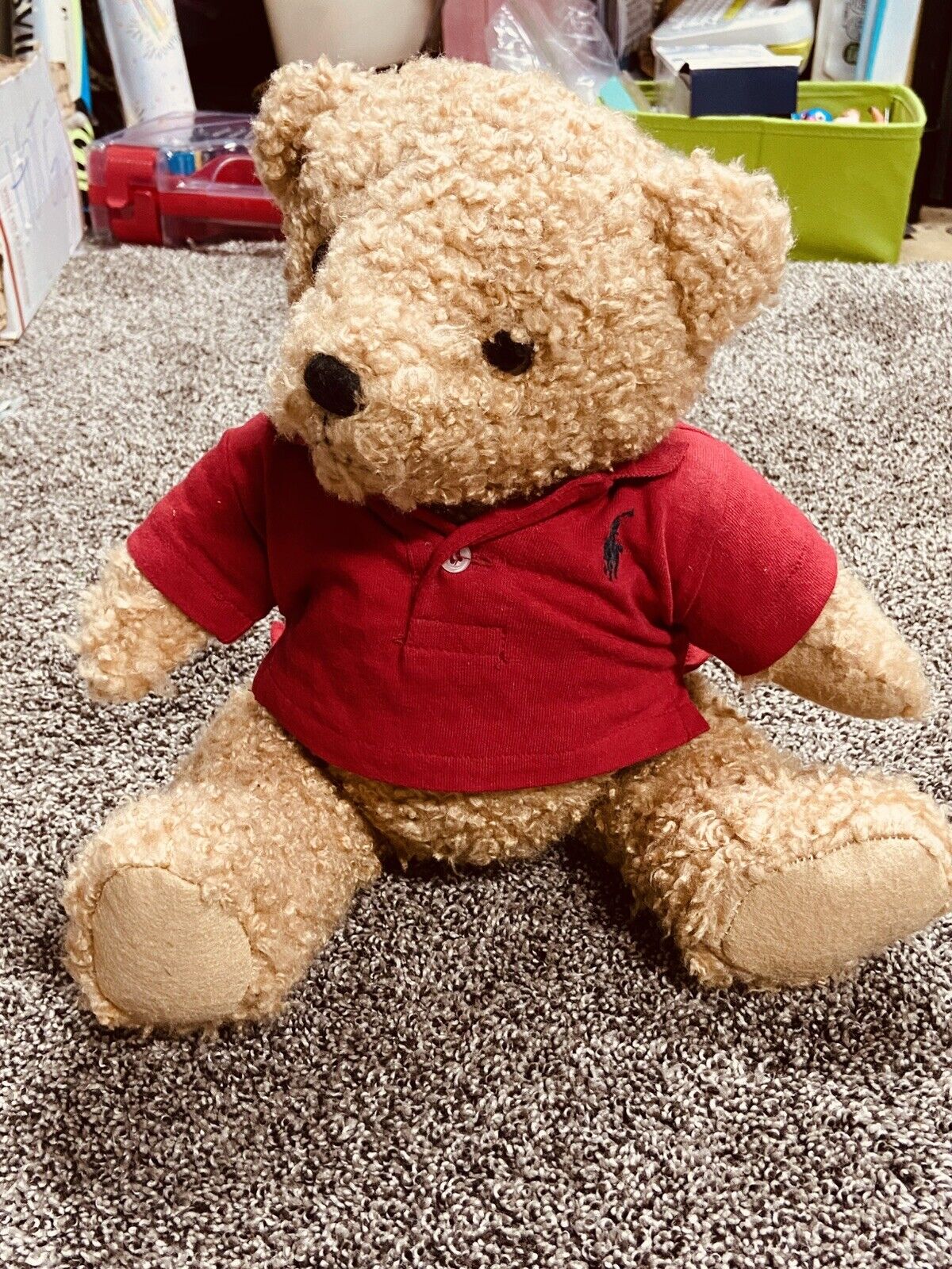 Vintage Ralph Lauren Polo Teddy Bear Posable Plush Red Collared Top Rare 16"