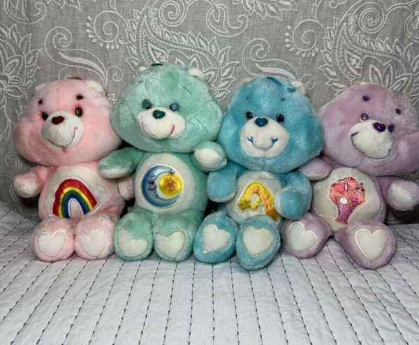 Vintage Care Bear Plush Lot Pink Cheer, Bedtime, Purple Milkshake, Blue Wish 13”