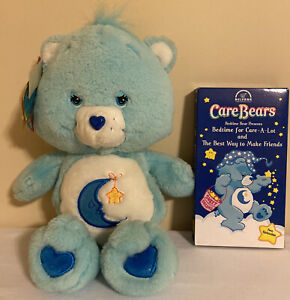 RARE Care Bear: Bedtime Bear 13 inch Plush with VHS. 2002. Tags Attached