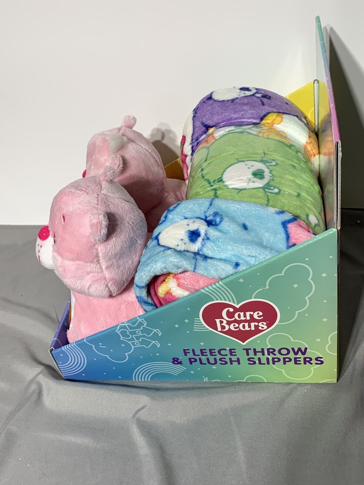 New Care Bears Gift Set Pink Rainbow Care Bear Slippers Plush Silky Throw Blanke