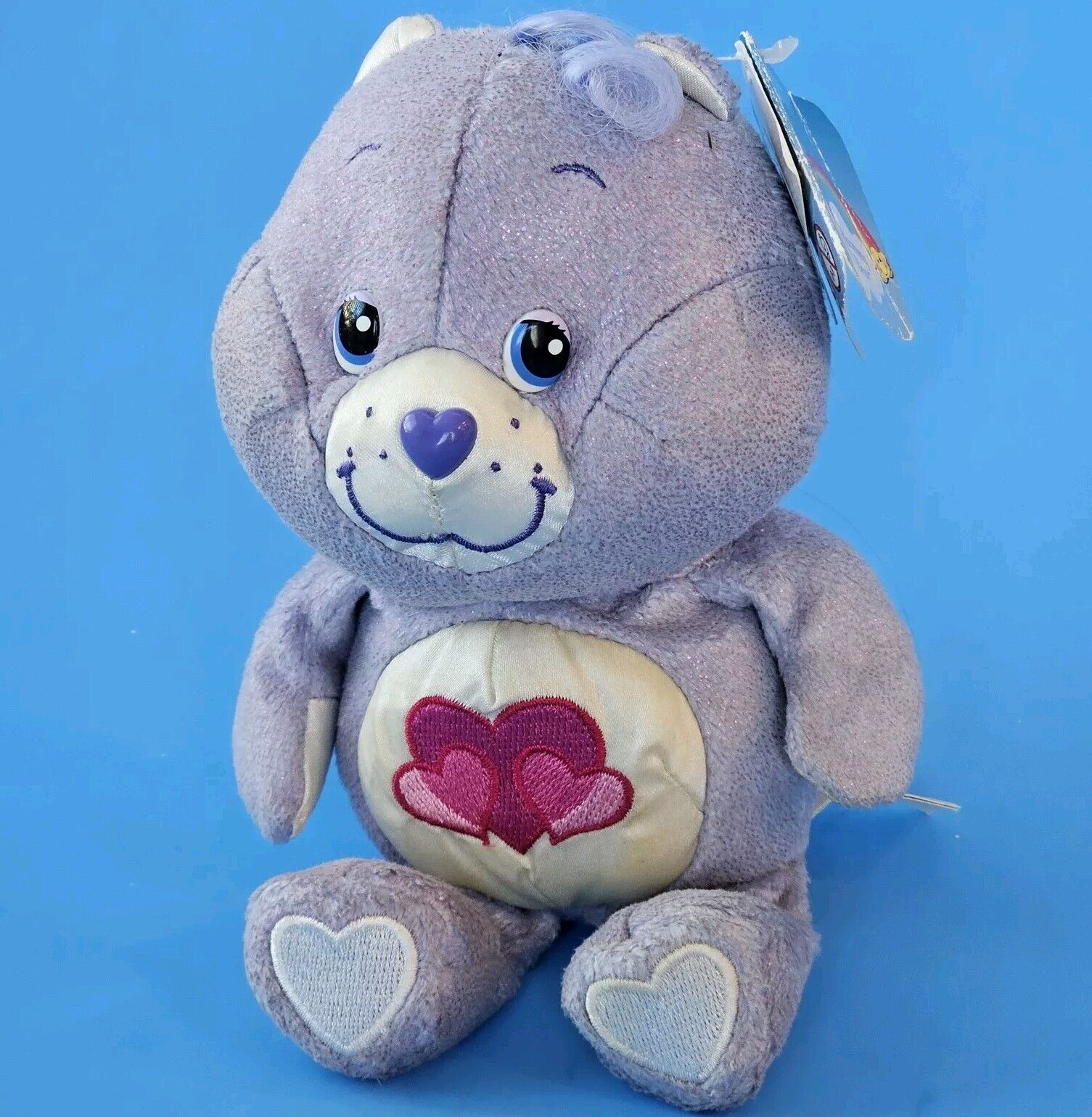 Care Bear Harmony Hearts Bear 3004 Violet 8" Triple Badge No Flower White Satin