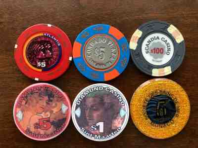 Lot of  6 International Casino Chips Monte Carlo Norway Atlantis St Maarten PR