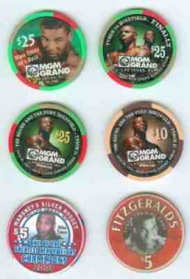 Six Different Mike Tyson casino boxing poker chips MGM LV Mahoney's Fitzgeralds