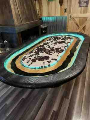 LED epoxy river gator & cow print poker/card/game table, whiskey barrel, Rustic