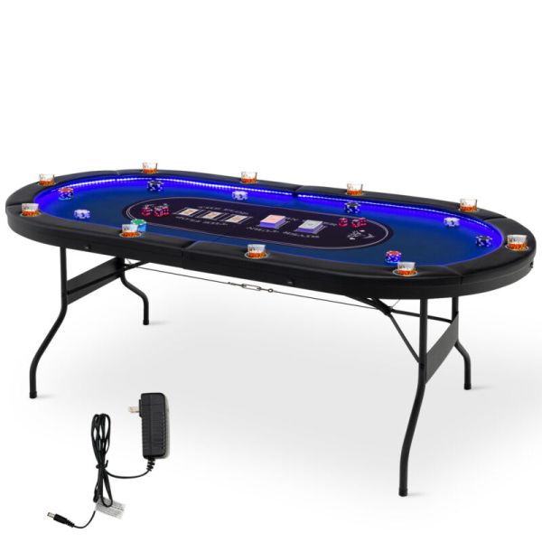 Foldable 10 Player Poker Table Casino Texas Holdem W/ LED Lights USB Ports