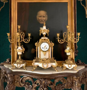 Clock Mantle Marble and Brass with Candelabra Antique French Classic Decor