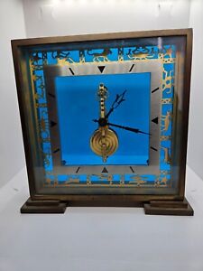 Vintage Jaeger Lecoultre Blue Glass Zodiac Skeleton Desk Clock 8 Day Movement