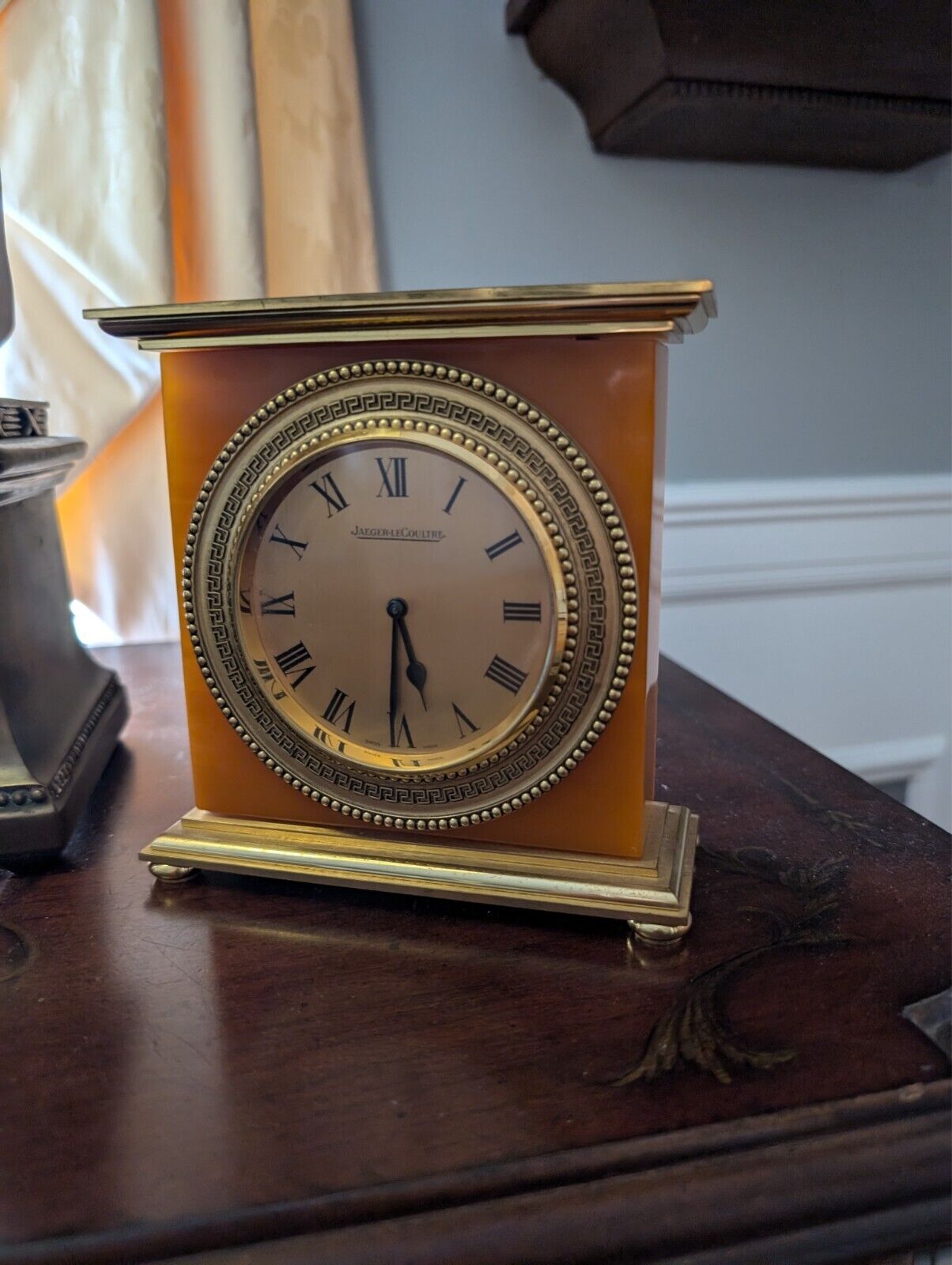 Jaeger LeCoultre table clock swiss 495 brass amber bakelite vintage, runs