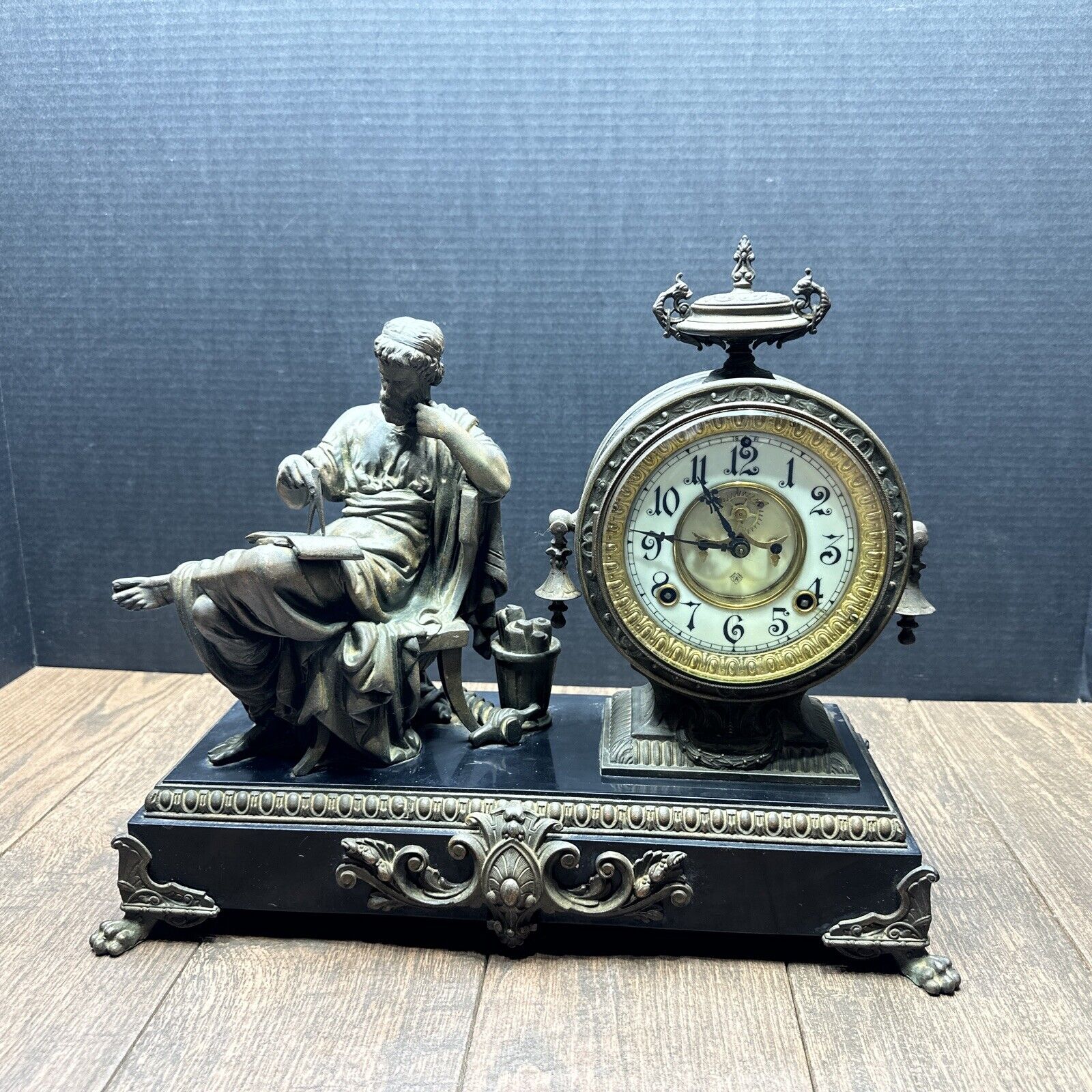 Ansonia Mantle Clock Company The Philosopher Bronzed Spelter New York USA