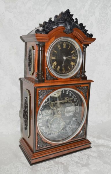 ANTIQUE ITHACA NO.3-1/2 PARLOR CALENDAR CLOCK WITH MATCHING SHELF. SERVICED.