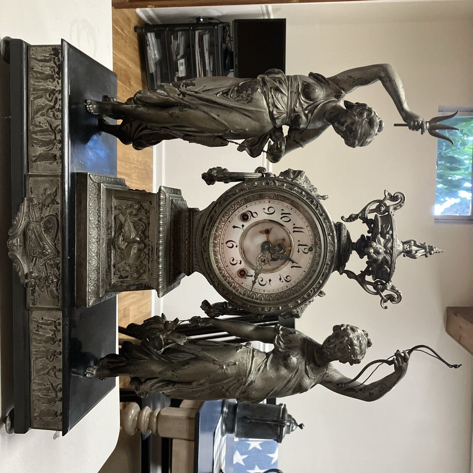 Antique Ansonia figural double statue spelter Iron base Mantel Clock 19th Cent.