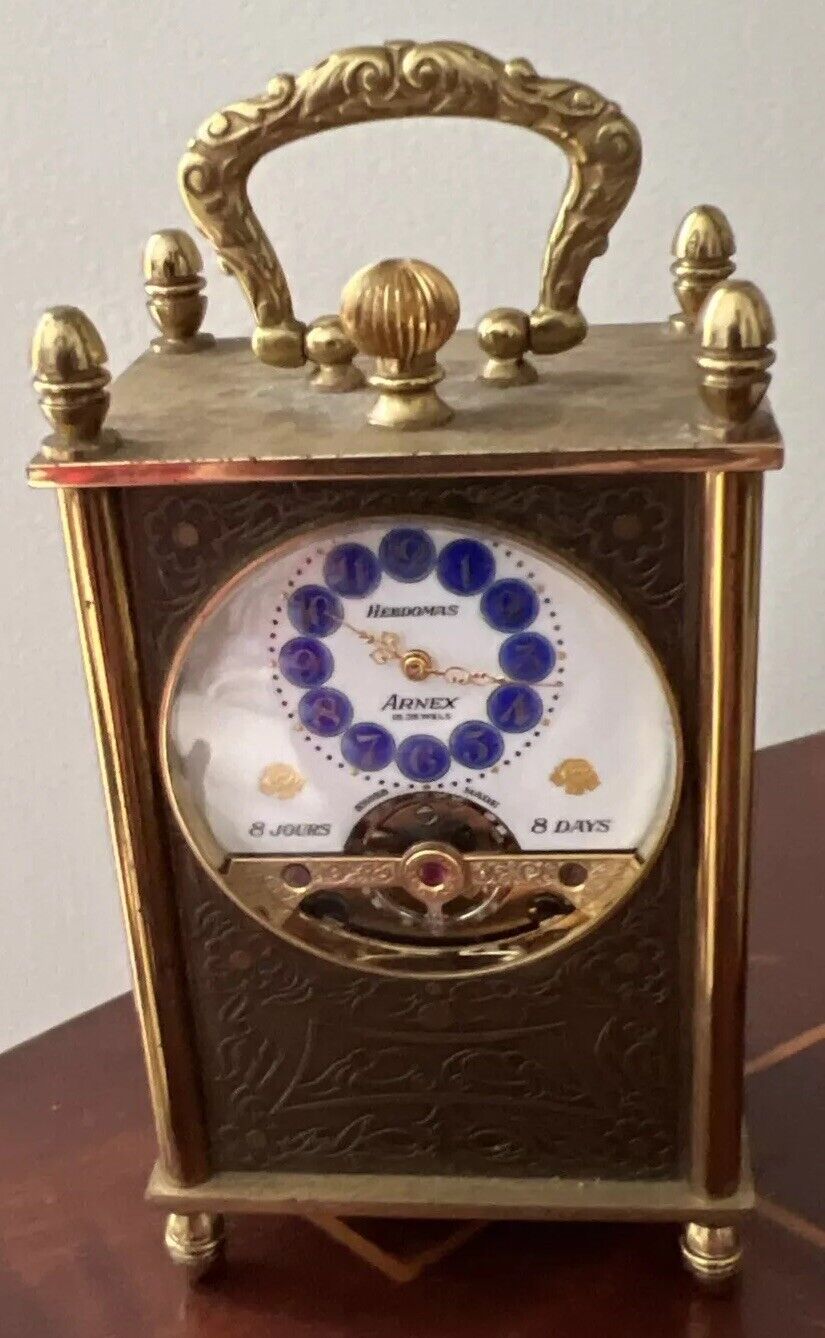 Vintage Arnex Hebdomas 8 Day Brass Exposed Balance Carriage Clock