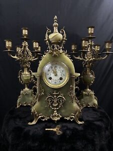 Antique Clock ,French Onyx Clock &  2 Candleholder  , 1800s!! Works Amazing