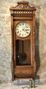 1890 ANTIQUE USA ANSONIA SANTA FE,TIME CLOCK,2 BRASS WEIGHT DRIVEN,OAK CASE