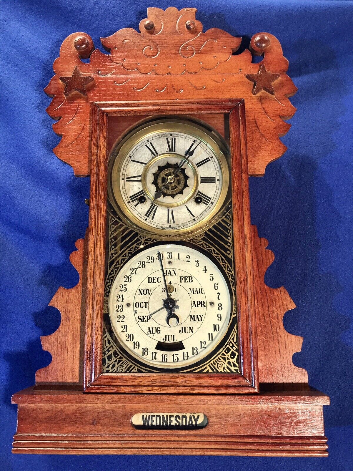 RARE 1894 ANTIQUE USA WATERBURY CALENDAR & ALARM,STRIKE DOUBLE DIAL CLOCK