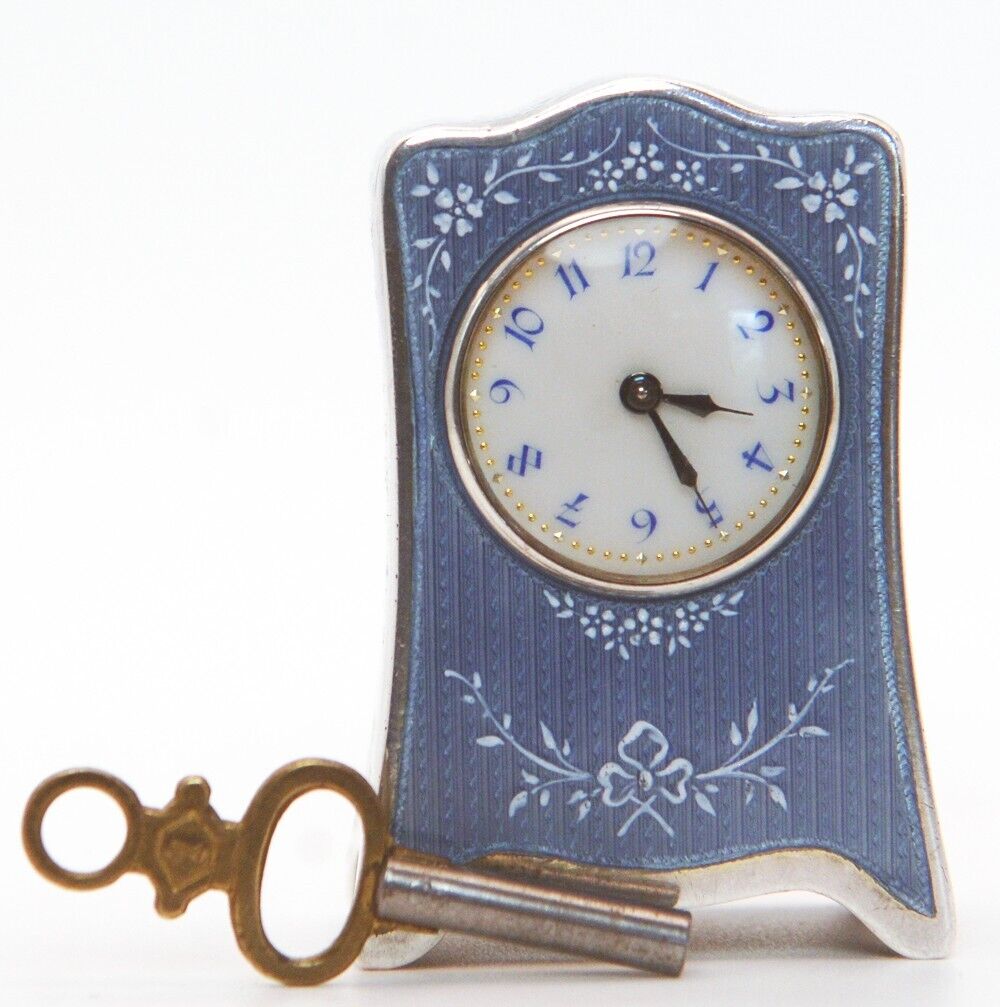 ANTIQUE MINIATURE SWISS CARRIAGE CLOCK EXCEPTIONAL GUILLOCHE  .935 SILVER