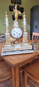 French Gilt Bronze Louis XVI Marble Clock Portico Column Ormolu Neoclassical