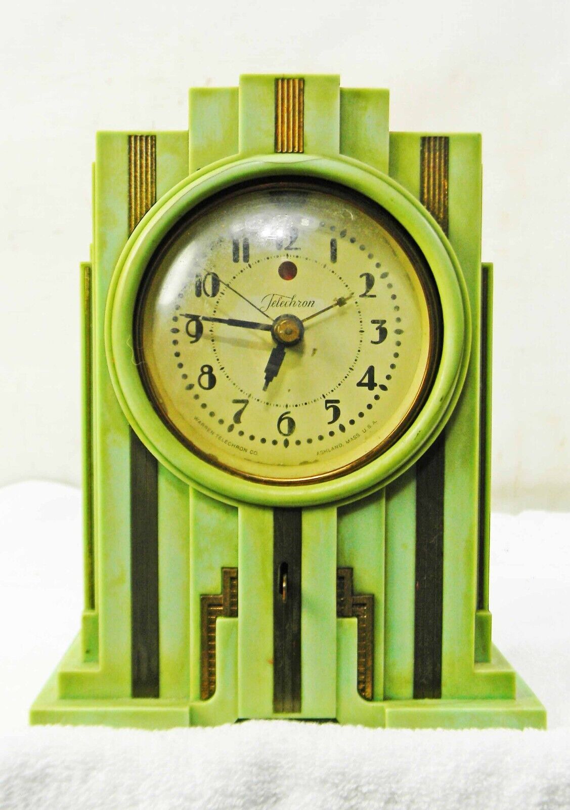 Pistachio Plaskon Telechron skyscraper shaped alarm clock