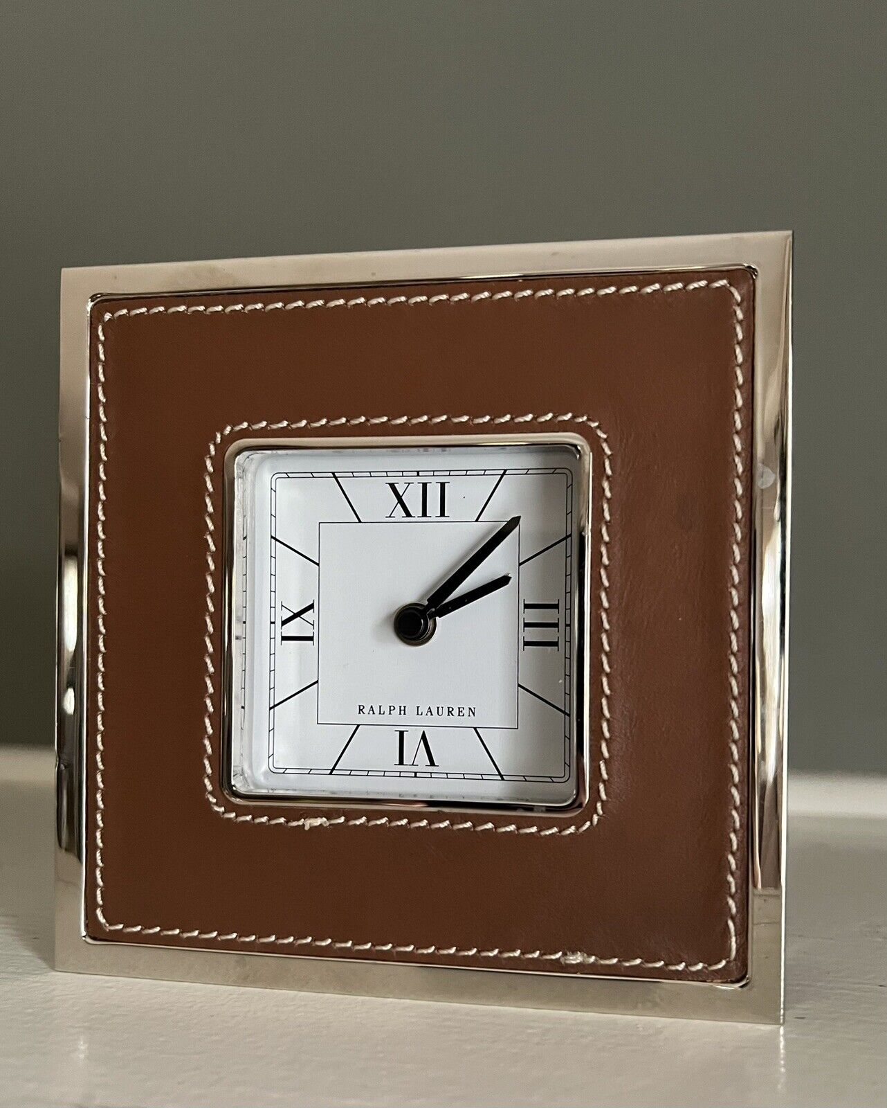 Ralph Lauren Home Fulton Chelsea Desk Clock Saddle Brown Leather Nickel Alarm