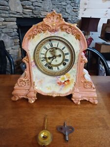 ANSONIA PORCELAIN MANTLE CLOCK WITH KEY & PENDULUM - 1755 GERMANY ROYAL BONN