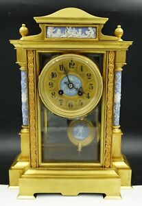 Magnificent French Wedgwood Gilt Ormolu & Blue Jasper Ware Mantle Clock RARE