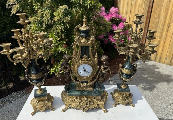 Vintage Imperial Brevettato Clock & Candelabras 3-Piece Set. Keeps Time/Chimes