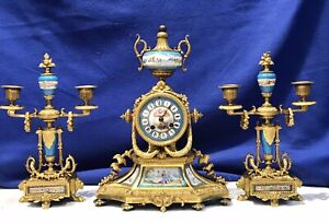 1875 VINTAGE ANTIQUE FRENCH JAPY FRERES SET GILT BRONZE PORCELAIN STRIKE CLOCK