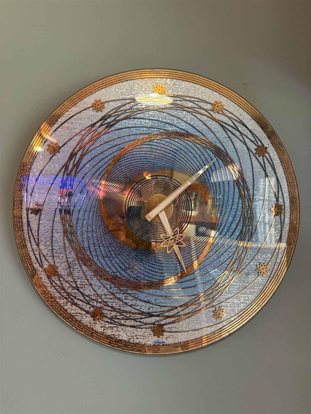 atomic era vintage Sunbeam wall clock, galaxy design, sharp