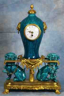 Superb Antique French Bronze Dore Ormolu and Chinese Dogs Porcelain Vase Clock