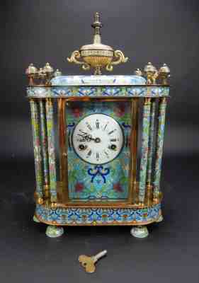 Chinese Export bronze and Cloisonné Mantle Clock Excellent Working Condition 19"