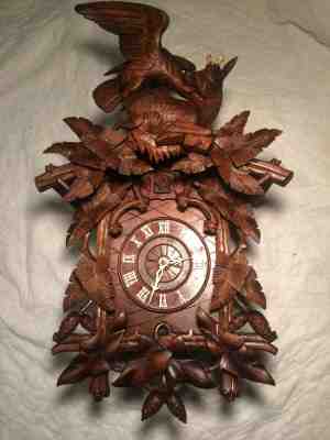 ANTIQUE BLACK FOREST CUCKOO CLOCK... EAGLE & ROE BUCK..W/ BONE ANTLERS X LARGE