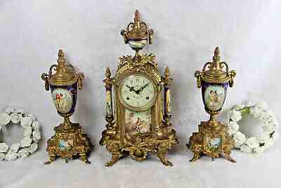 French Porcelain victorian scene Clock set candelabras urns FHS movement 