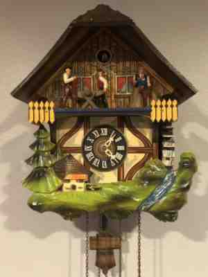 Vintage E. Schmeckenbecher Cuckoo Clock West Germany Black Forest Sawmill