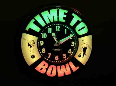 Time to Bowl,  Neon Advertising Clock.  22" Glo-Dial Style neon clock. Curtis