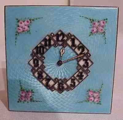 ART DECO LIGHT BLUE GUILLOCHE ENAMEL SWISS BUCHERER WIND UP NOVELTY SHELF CLOCK 