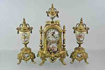 French Porcelain victorian scene Clock set candelabras urns FHS movement 