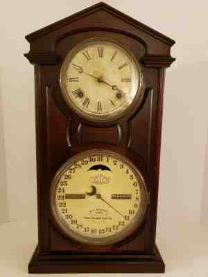 Antique Working 1866 ITHACA CALENDAR CLOCK CO. Double Dial Walnut Calendar Clock