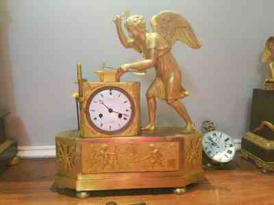 French Gilt Bronze Empire Clock 1800 Angel Arrow Maker Ormolu Versailles Anvil