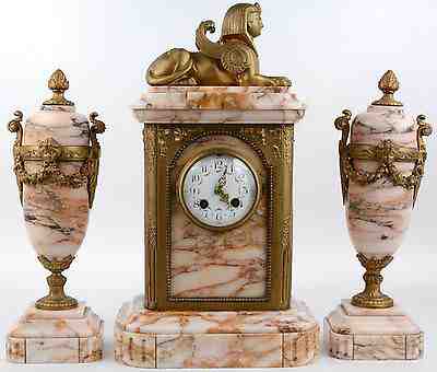 Rare French 1930 Art deco Marble Clock set Sphinx Egypt putti Vases urns set 