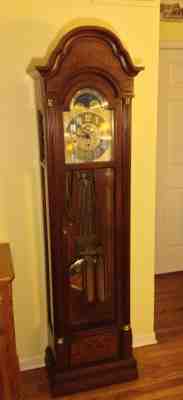 Vintage Sligh Grandfather Hall Clock Lunar Dial Wood Case Runs Strikes Chimes