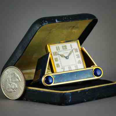 ? FINE MINIATURE 1920'S TRAVEL PURSE ENAMELED FOLDING CLOCK CYMA 15J SWISS????????