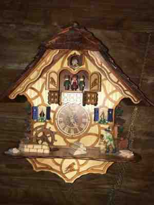 Swiss Made Romance Black Forest Carved Chalet Cuckoo Clock Dancing Figures 