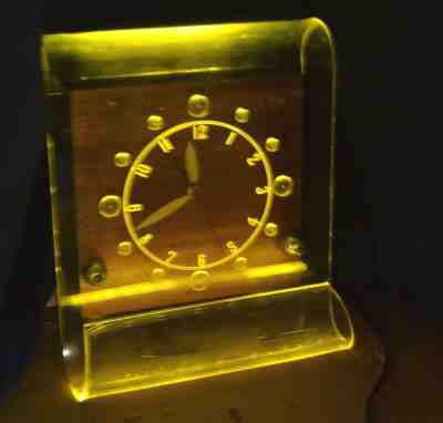 Vintage Mid Century Modern Lackner Neon Glo Clock Clear Lucite Wooden Case 