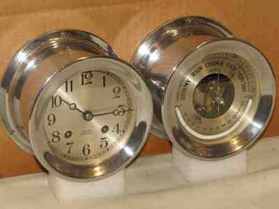CHELSEA VINTAGE SHIPS BELL CLOCK/BAROMETER SET~1935~NICKEL PLATED~RESTORED